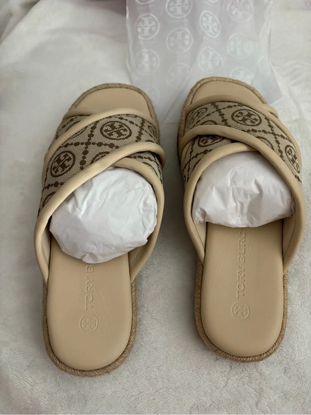 Tory Burch Beige Monogram Espadrille Slide Sandals